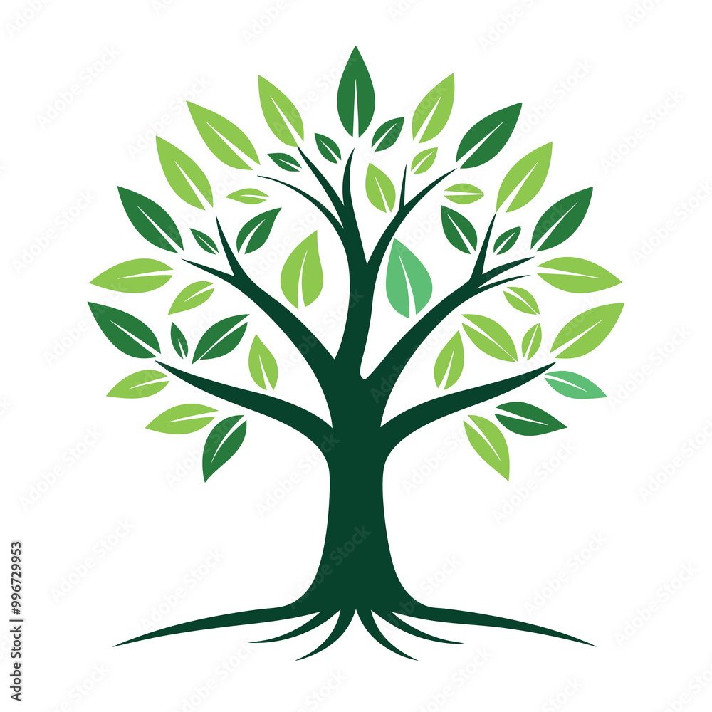 Fototapeta premium Green Tree with Leaves and Roots on White Background. Nature Symbol of Growth, Life, and Ecology