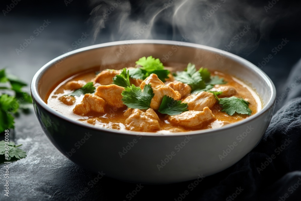 a steaming hot bowl of chicken massaman curry, garnished with fresh cilantro and served in a white ceramic bowl on a dark background a steaming hot bowl of chicken massaman curry, garnished with fresh cilantro and served in a white ceramic bowl on a dark background