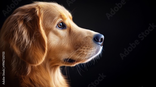  A dog's face in sharp focus against a black backdrop, surrounded by a softly blurred depiction of its head