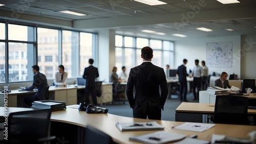 A businessman stands with his back turned, watching colleagues work together in a spacious office environment filled with natural light. Generative AI