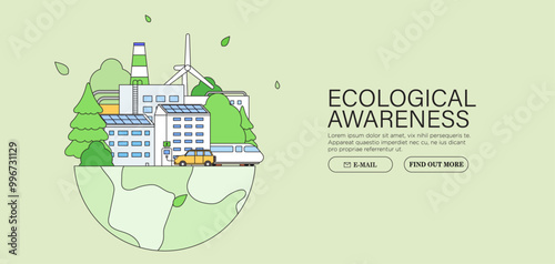 Alternative and renewable energy sources. Urban eco city landscape. ESG, green energy, sustainable industry or ecological production. Environmental, Social, Corporate Governance vector illustration.