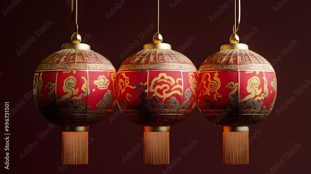 Round Chinese lantern with red and gold patterns and cartoon details Round Chinese lantern with red and gold patterns and cartoon details