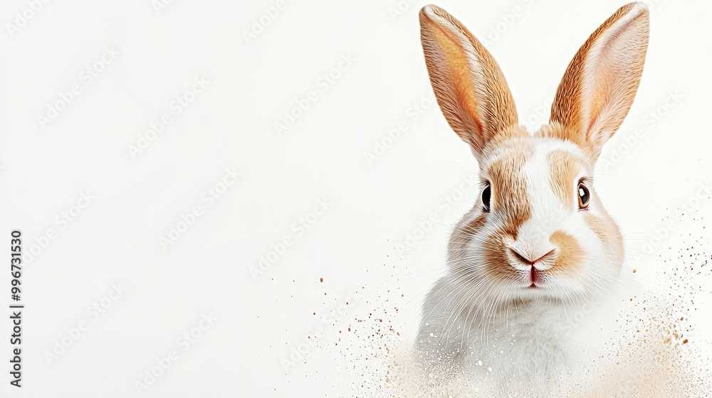 Obraz premium A tight shot of a rabbit's face with dust emanating from its ears against a clean, white backdrop
