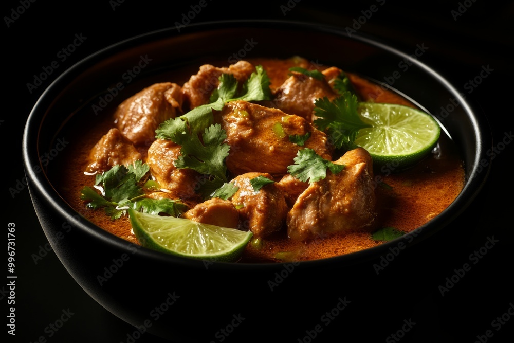 a stunning still life of chicken massaman curry, with a generous serving of the curry, garnished with a sprinkle of cilantro and a few slices of fresh lime, set against a sleek, black background a stunning still life of chicken massaman curry, with a generous serving of the curry, garnished with a sprinkle of cilantro and a few slices of fresh lime, set against a sleek, black background