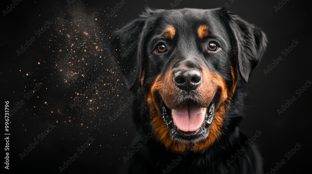 A tight shot of a dog's muzzle, depicting dust escaping from its mouth against a black backdrop A tight shot of a dog's muzzle, depicting dust escaping from its mouth against a black backdrop