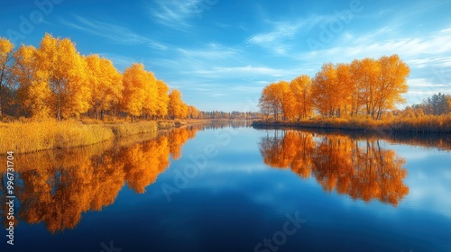 Golden autumn trees reflected in a calm lake under a blue sky.