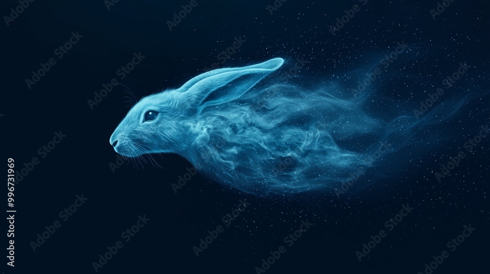 Naklejka premium A blue rabbit, starred with cosmic marks, is centrally positioned against a backdrop of ink-black darkness