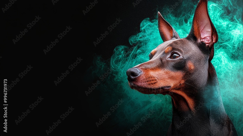 Up-close dog face against black backdrop, surrounded by green-blue smoke Up-close dog face against black backdrop, surrounded by green-blue smoke