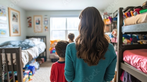 Mother and children in a cozy bedroom with bunk beds and toys, bright sunny atmosphere.