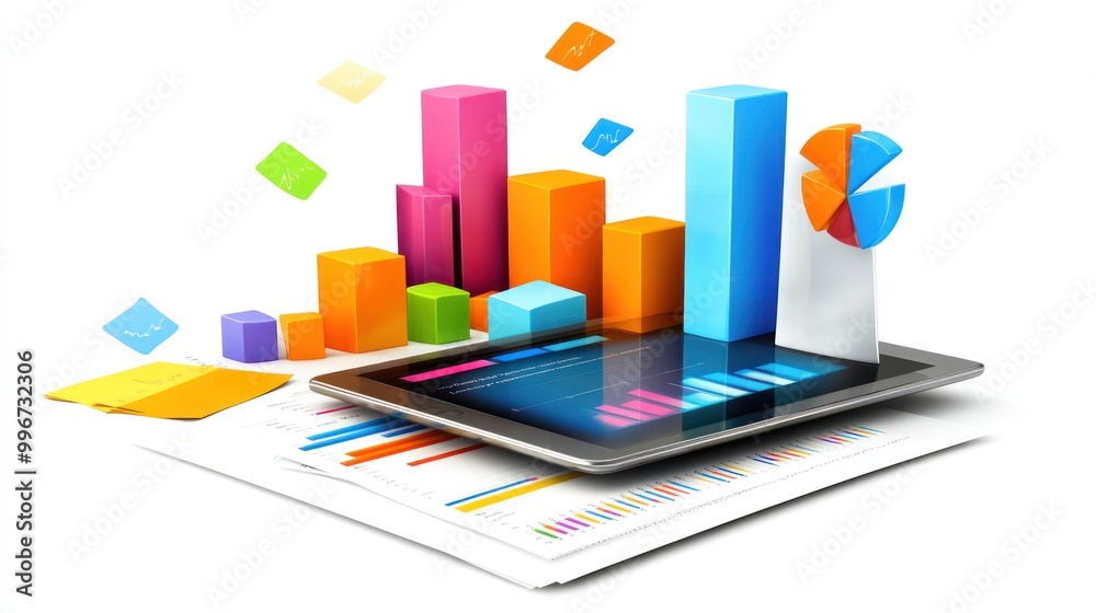A digital tablet displaying colorful graphs and charts for data analysis. A digital tablet displaying colorful graphs and charts for data analysis.