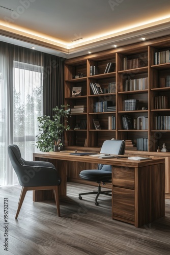 a stylish home office with a wooden desk, a ergonomic chair, and a floor-to-ceiling bookshelf