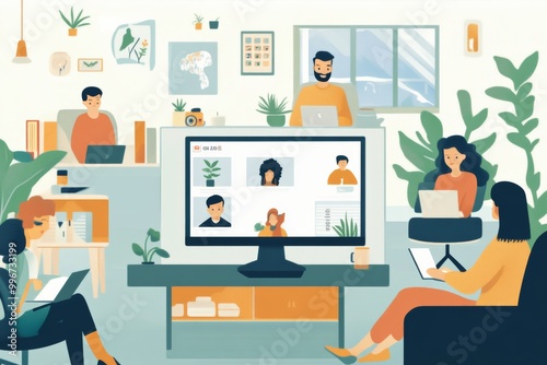 diverse team in a video conference call, each in their home setting, with personal items in the background, diversity of avatars on screen online teams meeting