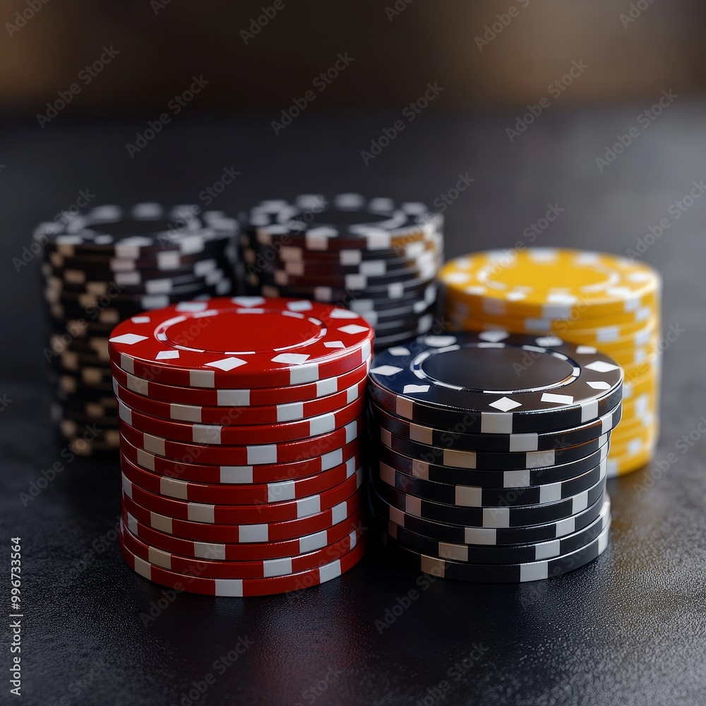 Stack of casino chips on dark background with space for text, gambling concept Stack of casino chips on dark background with space for text, gambling concept
