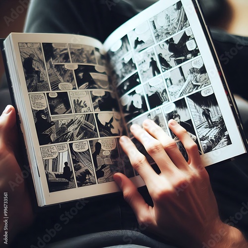 Close up of human hand holding a comic japanese book with bokeh background  photo