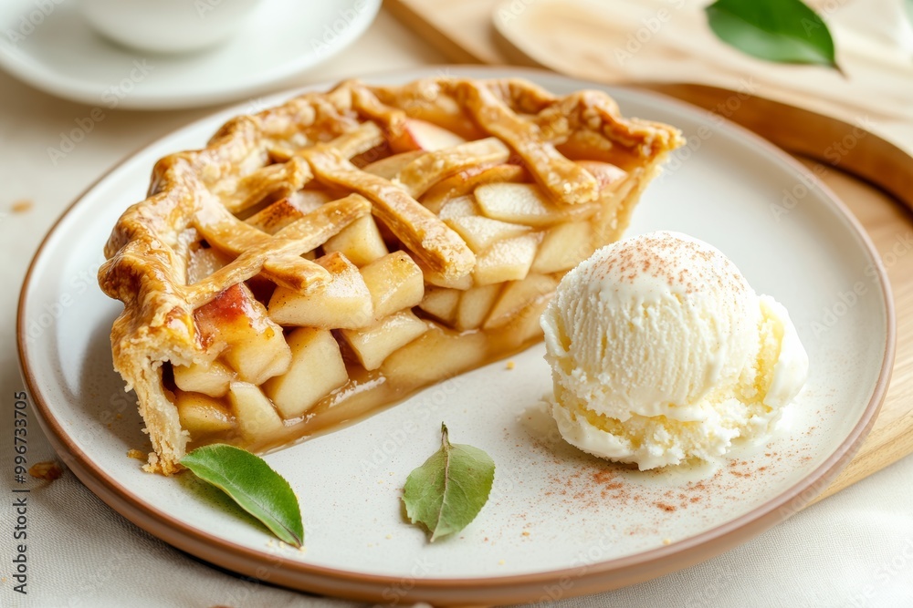 autumn comfort food plate of apple pie with a scoop of vanilla ice cream, minimal background with copy space autumn comfort food plate of apple pie with a scoop of vanilla ice cream, minimal background with copy space