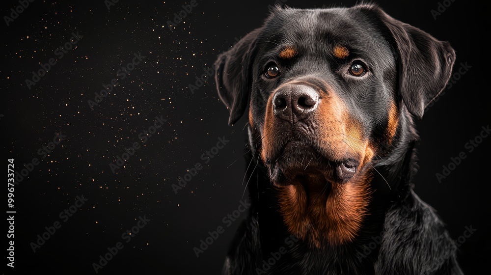 Obraz premium A tight shot of a dog's expressive face against a backdrop of absolute black, adorned with golden speckles