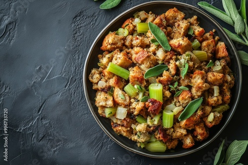 A plate of homemade stuffing with celery and sage, minimal background with copy space, healthy vegan Thanksgiving photo