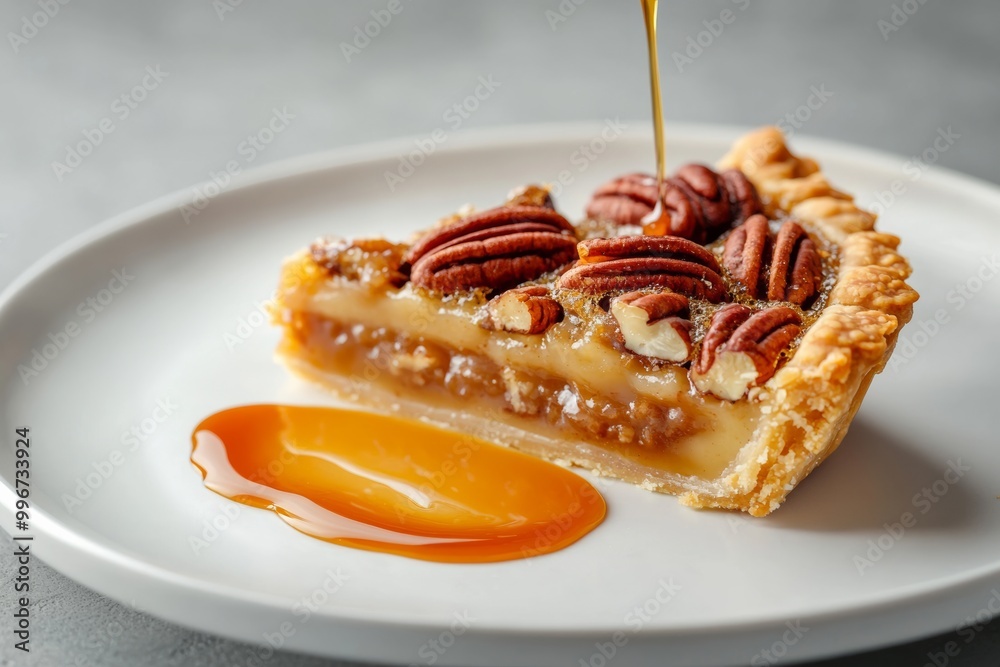 A slice of pecan pie with a drizzle of caramel sauce, minimal background with copy space A slice of pecan pie with a drizzle of caramel sauce, minimal background with copy space
