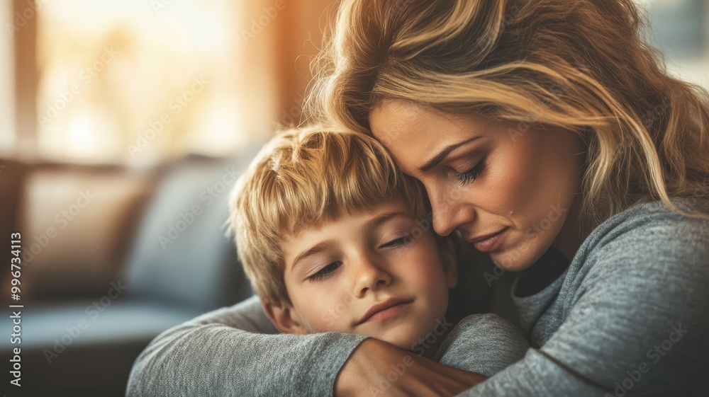 Mother and son embrace, showcasing love and warmth at home. Mother and son embrace, showcasing love and warmth at home.
