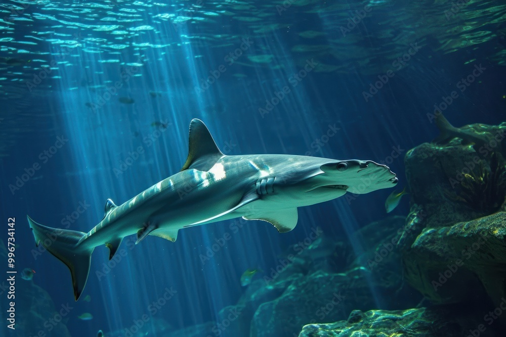Fototapeta premium Underwater photo of hammerhead shark animal outdoors aquatic.