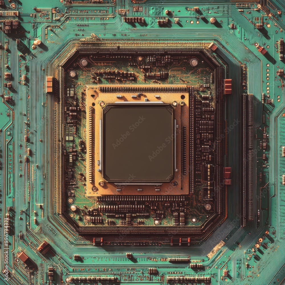 Fototapeta premium Close-up image of a computer motherboard with intricate circuitry and a central processing unit in the middle.