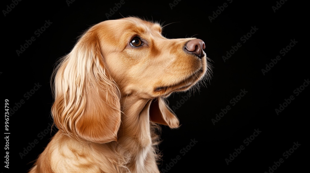  A tight shot of a poised dog's head against a black backdrop, gazing skyward