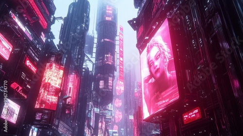 Futuristic cityscape with neon billboards and towering holograms photo