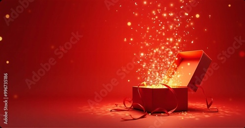 赤い背景に置いてある可愛いプレゼントボックスの中から流動的な光の粒が飛び出してわくわく感のある写真
An exciting photo with flowing particles of light popping out from inside a cute present box placed on a red background
