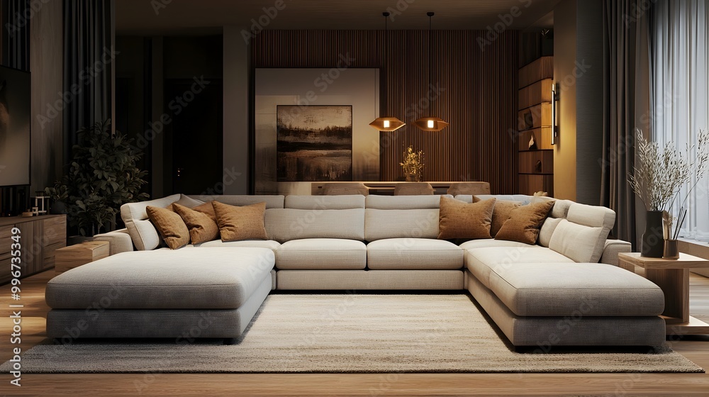 Cozy and inviting modern living room interior design with a large comfortable sectional sofa minimalist and stylish decor natural textures Cozy and inviting modern living room interior design with a large comfortable sectional sofa minimalist and stylish decor natural textures