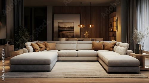 Cozy and inviting modern living room interior design with a large comfortable sectional sofa minimalist and stylish decor natural textures