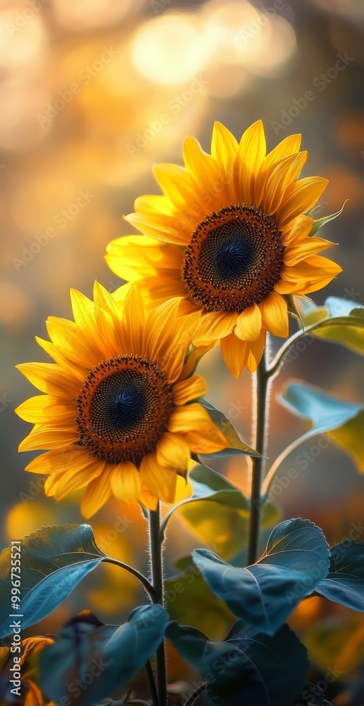 Fototapeta premium Two sunflowers with yellow blooms and green foliage in sharp focus; background softly blurred