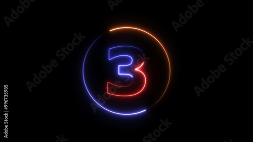 Abstract neon light countdown 3 number illustration background 4K.