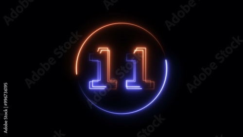 Abstract neon light countdown 11 number illustration background 4K.