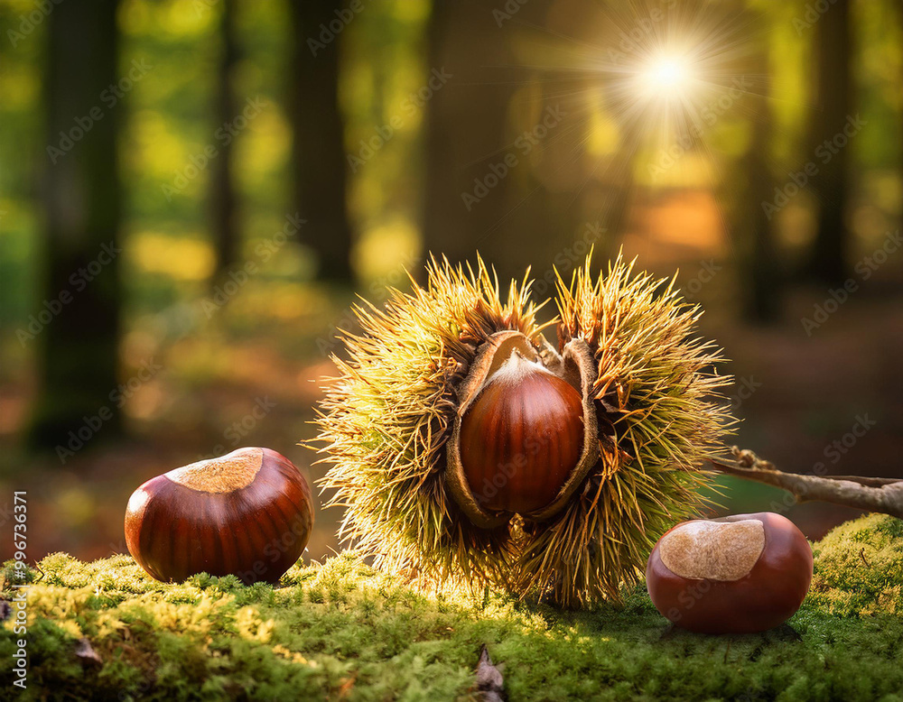 Chestnuts and their spiky husks amidst a tranquil forest setting during autumn Chestnuts and their spiky husks amidst a tranquil forest setting during autumn