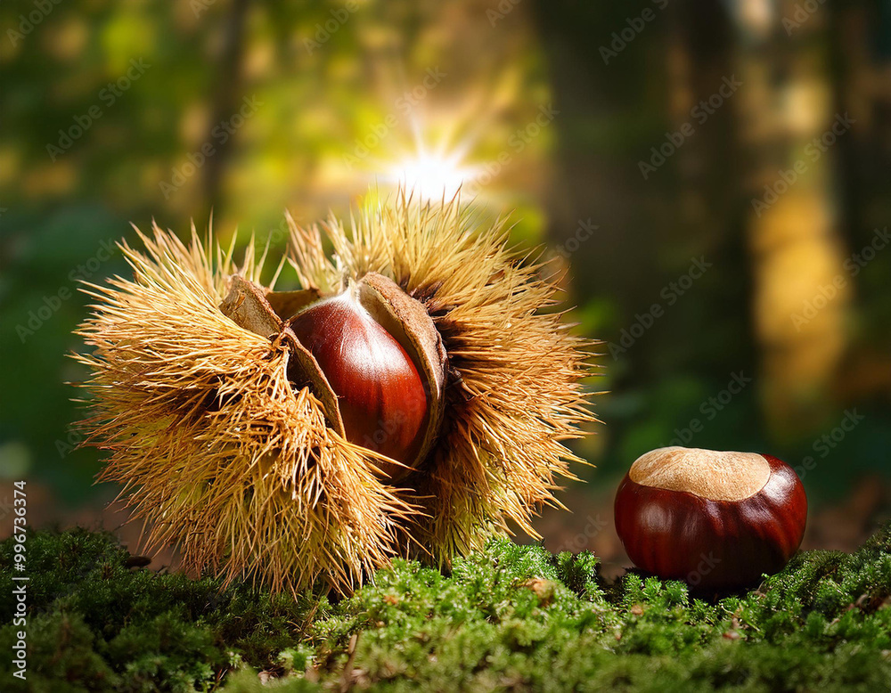 Chestnuts and their spiky husks amidst a tranquil forest setting during autumn Chestnuts and their spiky husks amidst a tranquil forest setting during autumn