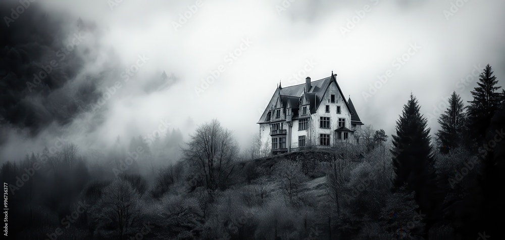 Mysterious house in foggy landscape evokes eerie atmosphere and suspense. Mysterious house in foggy landscape evokes eerie atmosphere and suspense.