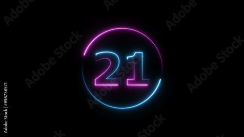 Glowing neon countdown 21 number illustration background 4K resolution.