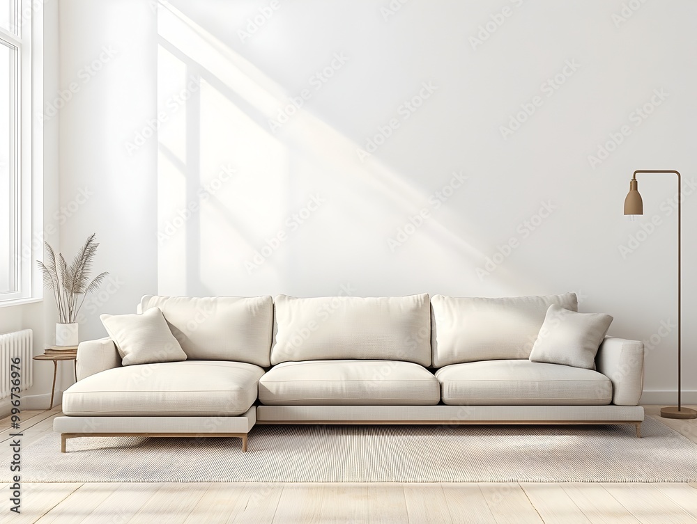 Fototapeta premium Cozy and Inviting Modern Living Room with a Comfortable Sectional Sofa and Minimalist Stylish Decor