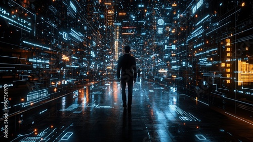 A silhouette of a person standing in a futuristic digital corridor filled with glowing data streams and vibrant lights.