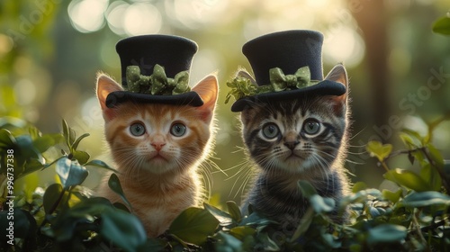 Playful Cats with Tiny Top Hats Banner background of Mad Hatter Day theme banner design for microstock, no text, and wide copy space, Playful Cats with Tiny Top Hats, photo