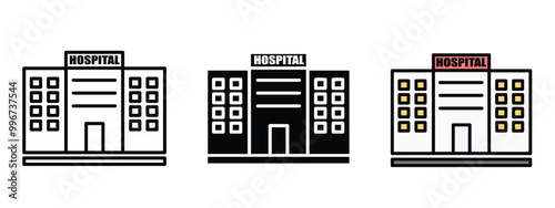 medical center buidling silhouette and editable colored icons, three buildings with the word hospital on them. The buildings are all different editable colors