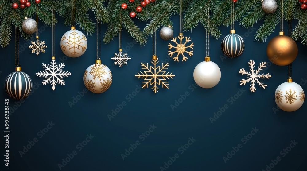Elegant Christmas decorations with ornaments and snowflakes on a dark blue background, perfect for holiday celebrations. Elegant Christmas decorations with ornaments and snowflakes on a dark blue background, perfect for holiday celebrations.