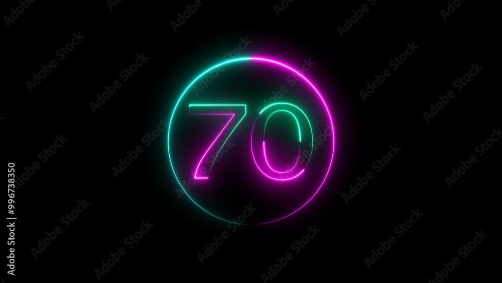 Abstract glowing neon 70 number background 4k illustration.