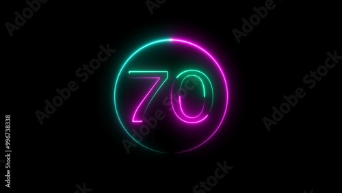 Abstract glowing neon 70 number background 4k illustration.