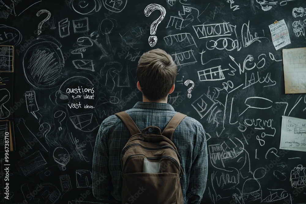 Man standing in front of a blackboard filled with doodles and question marks, representing brainstorming and problem-solving