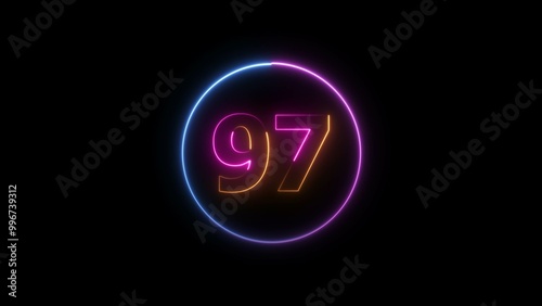 Abstract glowing neon 97 number background 4k illustration. photo