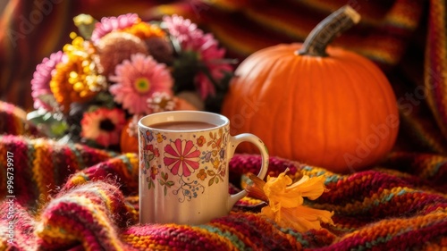 Cozy Autumn Scene with Pumpkin, Hot Beverage in Floral Mug, Colorful Knit Blanket, and Vibrant Fall Flowers – Warm and Inviting Fall Decor and Seasonal Comfort photo