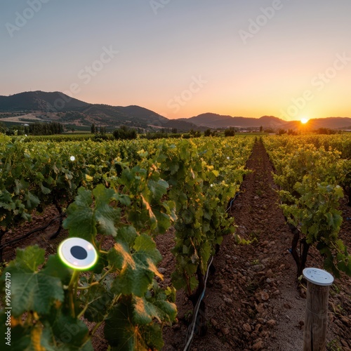 a vineyard with a sunset in the background photo