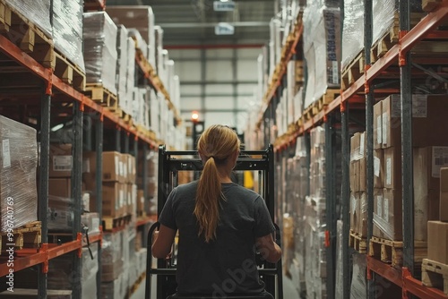 A warehouse worker operating a forklift, carefully stacking heavy materials on shelves, showcasing the skill and precision required in material handling