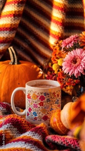 Cozy Autumn Scene with Pumpkin, Hot Beverage in Floral Mug, Colorful Knit Blanket, and Vibrant Fall Flowers – Warm and Inviting Fall Decor and Seasonal Comfort photo